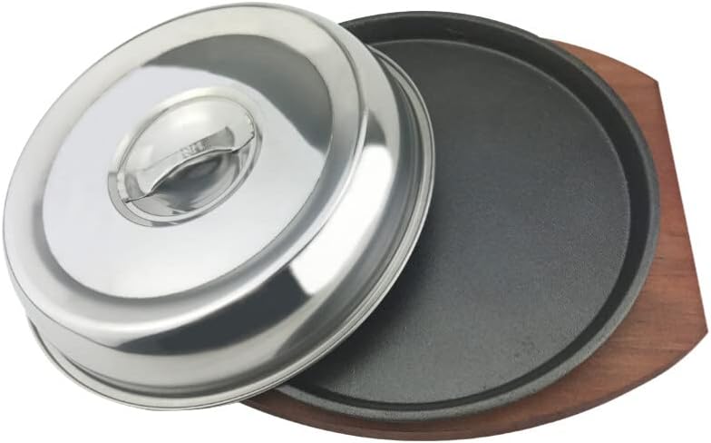 Tofficu Cast Steak Board Iron Fajita Skillet Set with Wooden Tray and Lid Fajita Pan for Restaurant Home Kitchen Cooking Grilling Meats Seafood Wood Serving Board Use Steak Serving Plate
