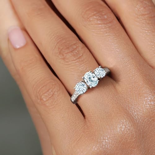 1.87 Cttw Sky Blue Aquamarine 3-Stone Engagement Ring For Women | 925 Sterling Silver | 3 Stone Wedding Anniversary Promise Ring | Oval 7X5MM and Round 5MM | Available in size 5, 6, 7, 8, 94
