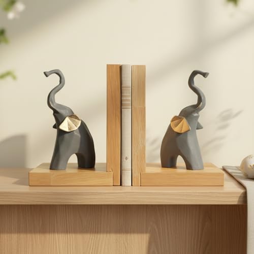 eCraftIndia Wooden Book End and Set of 2 Cute Elephant Statues An...