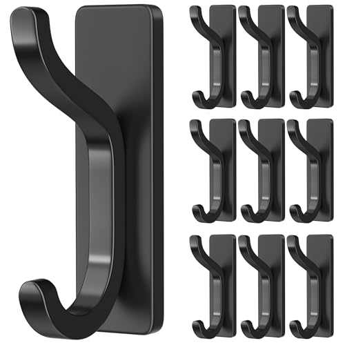 Adhesive Wall Hooks for Towel/Coat,13Lb Strong Stick-On Hooks,Black 10 Pack