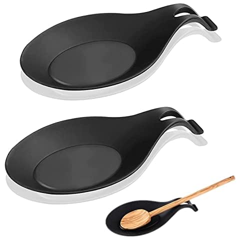 2 Piezas Kitchen Silicone Big Spoon Rest, Reposa Cucharas Silicona de Grado Alimenticio, Soporte De Cuchara Negro Cover