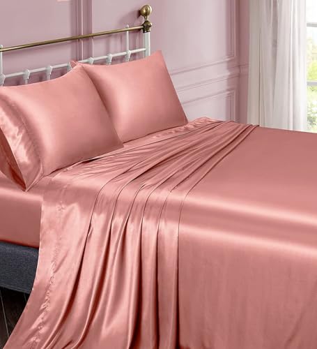 Image of COOLBEDS Satin Elastic Fitted Sheet & 2 Pillow Covers (Double, Blush)