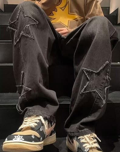 Womens Baggy Jeans High Waisted Star Torn Patch Teen Girls Y2k Grunge Street Straight Leg Denim3