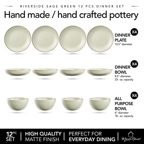 Riverside Collection By Maison Neuve 12-Piece Dinnerware Set Service For 4 - Hand Crafted Bowls And Plates Set, Stoneware Dinnerware Set, Microwave & Dishwasher Safe Plate Set - Sage Green #TOP1