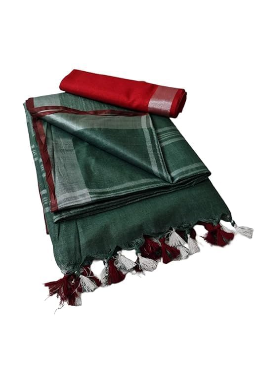 Image of STB-SILK TEXTILES BHAGALPUR Women's Linen Slub Saree With Contrast Blouse Piece