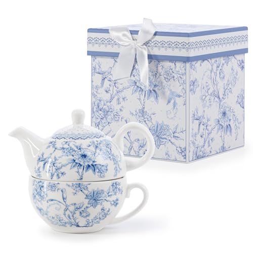 EHC Orchids Design Porcelain Tea for One Set - Microwave, Oven & Dishwasher Safe, Gift Boxed Tea Pot with Handle, 490ml