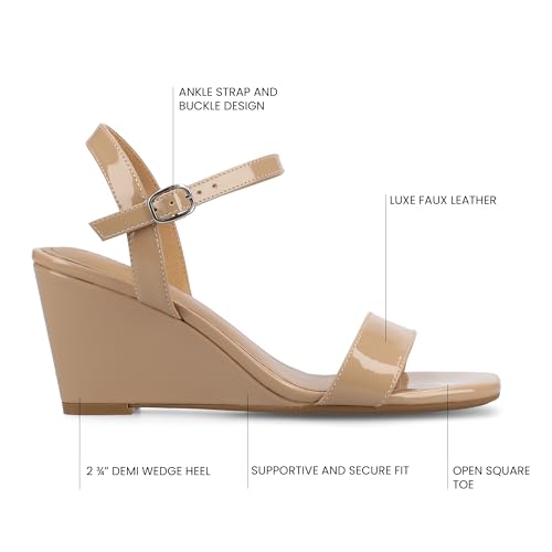 Journee Womens cushioned footbed Dressy Wedge Sandal Clayr Faux Leather Wedge Heel Ankle Straps 2-3 Inch Heel Open Toe3