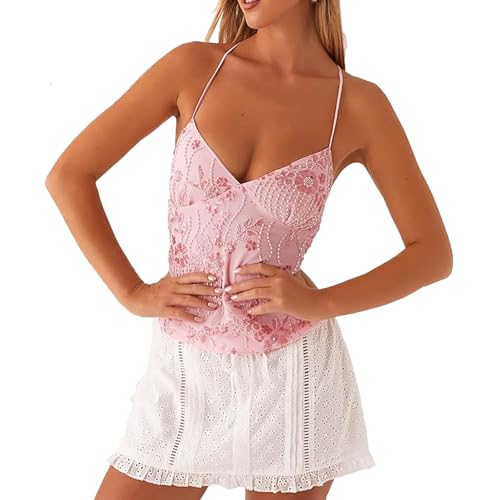 Women Summer Sequin Halter Top Open Back Embellished Tank Top Sleeveless Backless V Neck Camisole Going Out Crop Top