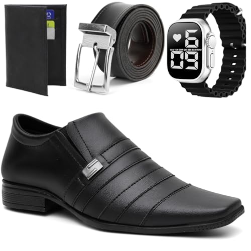 Kit Masculino Elegante, Sapato Social Preto, Carteira, Cinto, Relógio Digital, 4 Peças