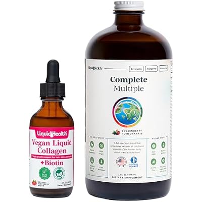 LIQUIDHEALTH Vegan Liquid Collagen Plus Biotin Drops & Complete Multiple Adult Daily Multivitamin Wellness Bundle - Hair & Nail Growth, Skin Health, Immune & Energy Support - USA Made, Vegan, Non-GMO