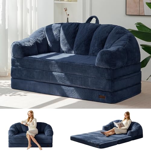 Image of MAXYOYO Folding Sofa Bed, 2 in 1 Convertible Sofa to Lounger Comfy Loveseat Bean Bag Chair for Adults, Floor Couch with Handle, Faux Fur Couch Bed for Living Room Bedroom, Navy, Loveseat