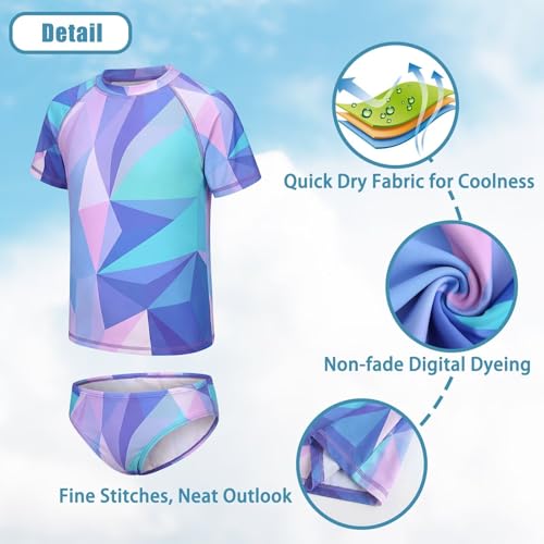 Image of Girls Two Piece Rash Guard Swimsuits Set Short Sleeve Bathing Suit for Kids Hawaiian Swimwear Set 3-16 Years
