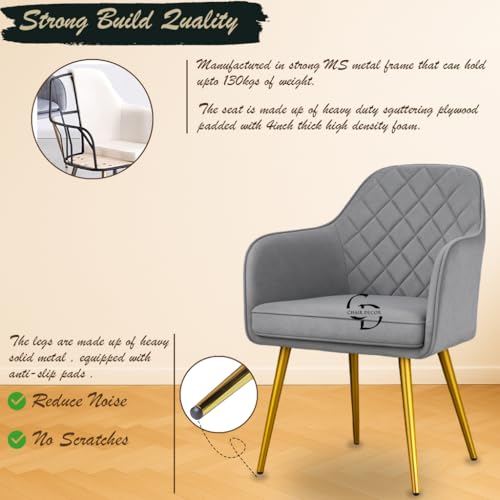 Image of Velvet Accent Chair with Matching Pouffe & Floral Cushion | Modern Upholstered Armchair with Gold Metal Legs | Lounge Chair for Living Room, Bedroom, Office, Guest Room (Light Grey Diona)