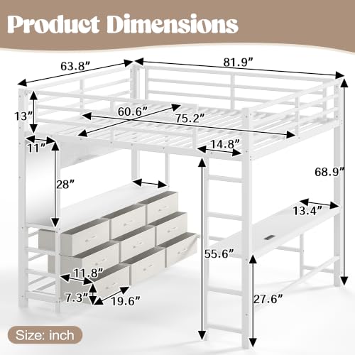 Image of Bellemave Queen Size Loft Bed Frame with Desk and Storage Drawers,White
