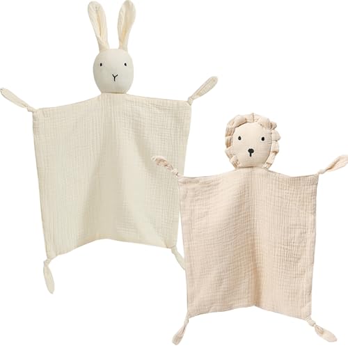 Image of YCHWFF Bunny Lovey Blanket for Boys and Girls, Organic Cotton Muslin Security Blanket for Babies, Soft Breathable Lovie Soothing Towel for Newborn and Infant, 2 Pcs Set
