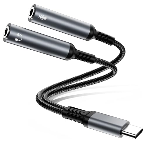 USB C Microphone Adapter, Type C to 2 TRS 3.5mm Headphone and Microphone Splitter for Dual-Plug PC Gaming Headset Compatible with iPhone 17/16/15, iPad Pro/Air, MacBook, Pixel, Galaxy S25/S24/S23
