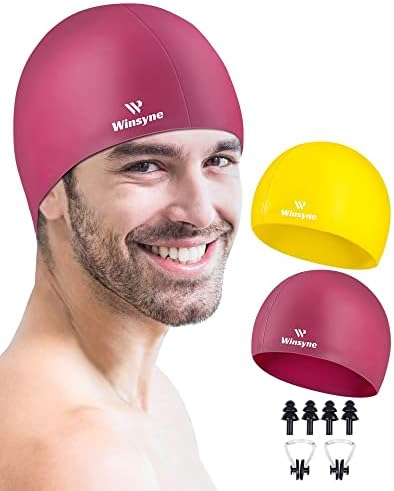 2 Pack Silicone Swim Cap for Men Women, Unisex Adult Swimming Caps for Short/Long Hair to Keep Hair Dry, Waterproof Bathing Caps for Swimming with Ear Plugs & Nose Clip Set(Yellow&Burgundy)