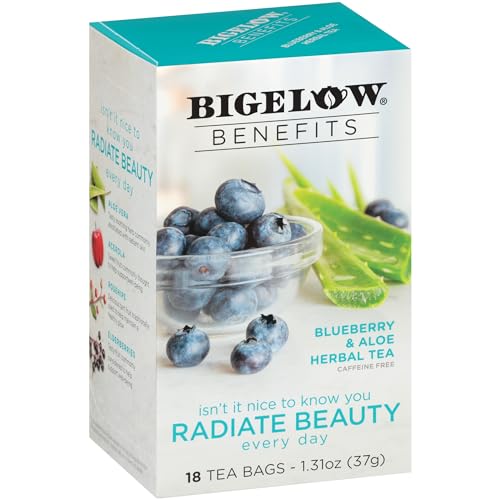 Bigelow Tea Benefits Radiate Beauty Blueberry and Aloe Herbal Teabags Box, Caffeine Free, 18 Count, Pack of 6