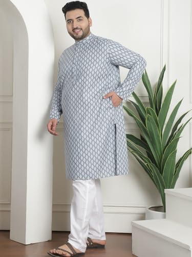 Image of SOJANYA Plus (Since 1958) Men's Cotton Blend Printed Kurta with White Churidar Pyjama