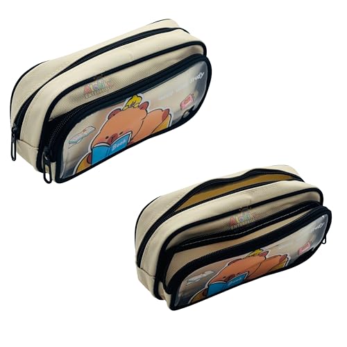 Image of Alokik Enterprise Cute Cartoon Pencil Pouch with Double Zipper & Transparent Window, Large Capacity Fabric Pen Case for School, Office, Students, Kids & Teens (Good Study Off White Pouch)