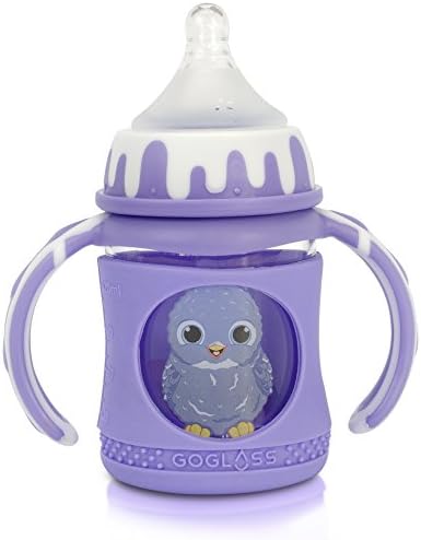 GoGlass Glass Baby Bottle 4 oz, Full Silicone Sleeve, 2 Nipples Included, BPA Free (Purple) - Best Feeding Bottles for Preemie, Newborns, Infants, and Toddlers