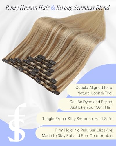 Image of Full Shine Clip in Hair Extensions Real Human Hair, 20 Inch 150g 7Pcs | Golden Blonde Highlight Dirty Blonde Thick Hair Extensions, Double Weft Human Hair for Natural Blend, Everyday Wear