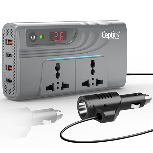 Image of Ceptics 200W Car Laptop Charger, 2 USB-A (3.1A Max) + 2 USB-C (PD 27W) Ports, SmartVoltage Technology, Upgraded Cigarette Lighter Plug, 12V DC to 220V AC, 2X Universal AC Outlet, 18 Months Warranty