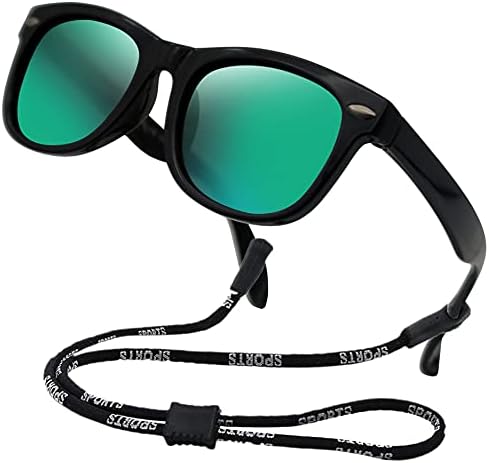 Kids Flexible Polarized Sunglasses for Boys Girls Age 3-10 with Straps (Black/Mirrored green lens)