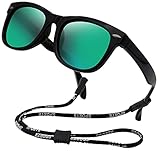 Kids Flexible Polarized Sunglasses for Boys Girls Age 3-10 with Straps (Black/Mirrored green lens)