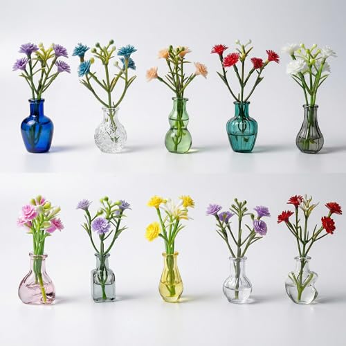 10-Pack Magnetic Mini Glass Bud Vases for Fridge - Strong Magnets Leak-Proof Propagation Vases with 10 Faux Flowers (Sea Glass Green)