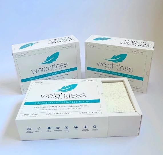 Miniatura 8 de WEIGHTLESS Hojas de detergente para lavavajillas, 60 cargas, fórmula alimentada por enzimas que corta la grasa y se disuelve pegada en los