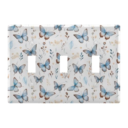 Light Switch Cover Blue Brown Butterfly Wall Plates for Electrical Outlets 3 Gang 202b2599