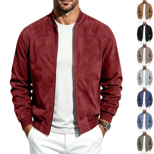 Winter Jackets for Men Suede Bomber Jacket Full Zip Stand Collar Top | Zipper Closure, Ribbed Cuffs & Hem, Side Pockets, Soft Warm, Casual Outdoor, Daily Wear, Fall Winter, Spring Fall - image 1