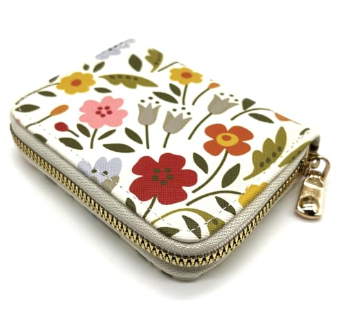 9 Slots Small Card Case Accordion Wallet with Zipper for Women(Spring Grass Flower)