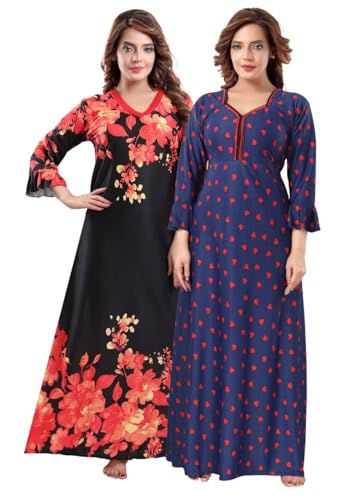Image of Fabme Women's Crepe Printed Flare Nighty with Long Sleeves /Night Gown /Nightwear /Maxi - Value Combo