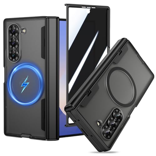 Doeshine für Samsung Galaxy Z Fold 6 Hülle mit Privacy Front Sichtschutz Robuste Handyhülle für Magnetic Kabelloses Laden Stoßfest Fallschutz Militär Schutzhülle mit Scharnierschutz (Schwarz)