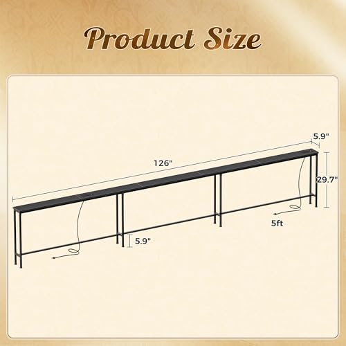 Image of Huuger 126 Inch Sofa Table with Power Outlets, Skinny Behind Couch Table | 5.9 Inch Narrow Entryway Table, Extra-Long Console Table, Behind the Couch Table with Outlet for Living Room, Black