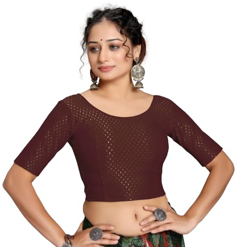 Round Neck Dobby Cotton Lycra Stretchable Elbow Sleeve Readymade Saree Blouse for Women Stylish_