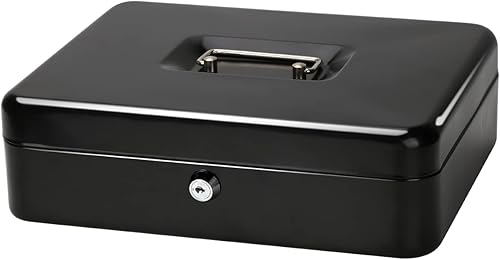 Jssmst Caja grande con cerradura de llave, caja de metal duradera con bandeja para dinero, 11.81 x 9.84 x 3.46 pulgadas (XL, negro)