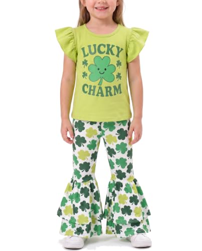 Image of Unique Baby 2 Piece Girls Double Bell Bottom Leggings Outfit with Short Sleeved Shirt Kid and Toddler Clothes Set