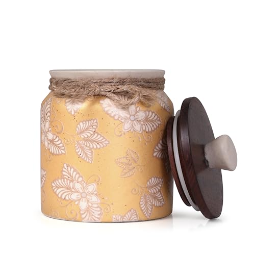 Image of Ceramic Storage Jar with Lid | Multipurpose Kitchen Storage Container for Pickle, Spices, Sugar, Tea & Snacks | Durable Airtight Canister for Home & Office (1, Yellow, Pack of 1)