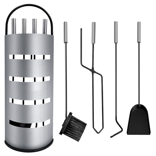 Conjunto de accesorios de chimenea de 5 piezas, construcción de acero, incluye soporte, cepillo, pala/pala, póker, clip negro