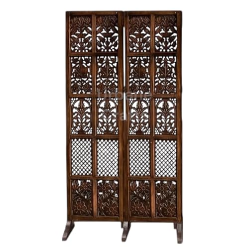 Image of Wooden Room Partition /Screen /Room Divider /Room Separator Burnt Wood Finish (Hand Buffing) Frame Traditional Handicrafts 6Ft Height (2 Panel with Stands)