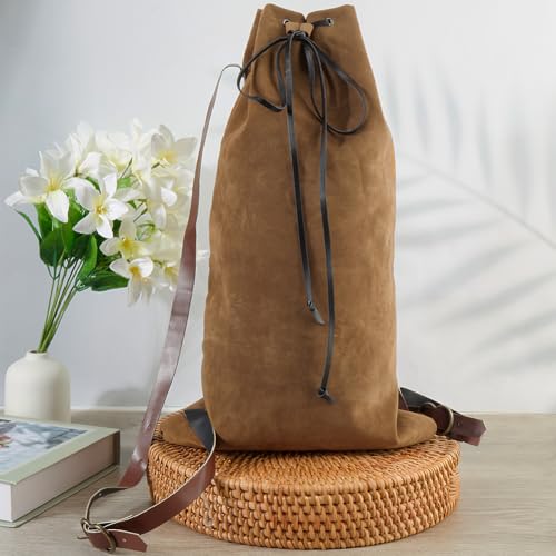 Image of GORGECRAFT Medieval Drawstring Backpack Vintage Fibre Viking LARP Renaissance Bag with PU Leather Straps and Alloy Clasps Portable Pouch for Outdoor Activities Cosplay Gym Workout Swim Beach 18x10.8in