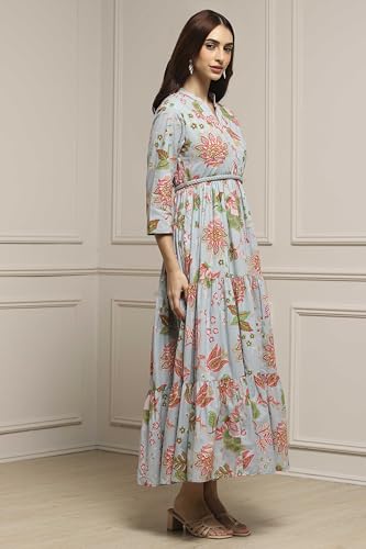 Image of Biba Women's Cotton 3 /4 Sleeves Calf Length Band Collar A-Line Floral Printed Casual Dress