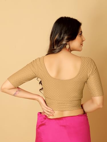 Image of Amazon Brand - Anarva Round Neck Dobby Cotton Lycra Stretchable Elbow Half Sleeve Readymade Saree Blouse for Women Stylish