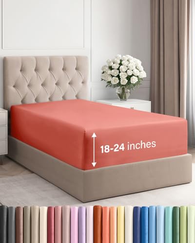 Image of Deep Twin XL Fitted Sheet - College Dorm Room Essentials - Coral | Easily Fits 18 inch to 24 inch Mattress, Wrinkle Resistant, Soft, Breathable & Comfy, Extra Deep Pockets Fitted Sheet