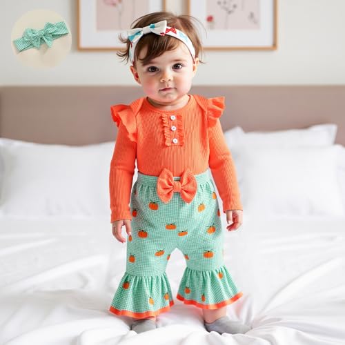 Baby Girl Bell Bottom Outfit Long Sleeve Ribbed Romper Flare Pants Set Halloween Christmas Fall Winter Clothes2