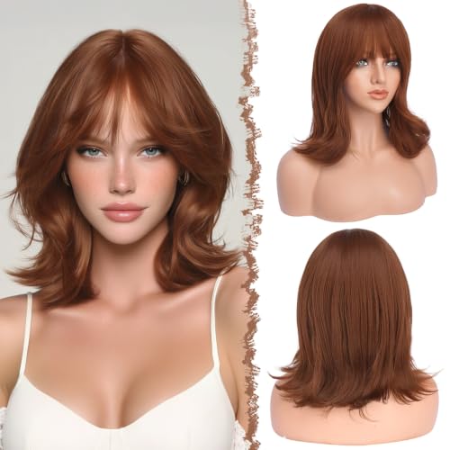 FESHFEN Parrucca Bob Ondulato con Frangia - Ramato Parrucche Donna Capelli Naturali Sintetico Layered Wigs per Festa Carnevale, 35 cm