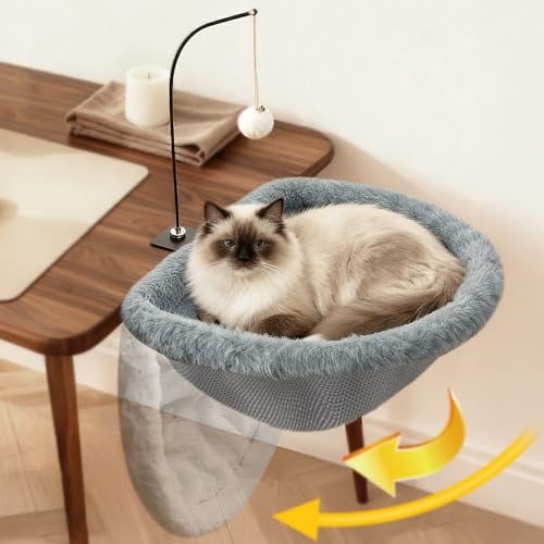 Cat Desk Bed - 17x18 in Cat Desk Perch for Remote Workers, Gamers and Office Staff - Desktop Suspended Cat's Bed (Holds up to 40 lb) - Foldable Cats Hammock Desk for Removable Cover and Toy Holder